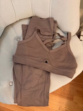 Alala Barre Seamless Ribbed Two-Piece Active Set in Taupe